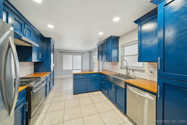 1504 N 26th St, Broken Arrow, OK 74014 - kitchen with appliances with stainless steel finishes, butcher block countertops, under cabinet range hood, decorative backsplash, and recessed lighting