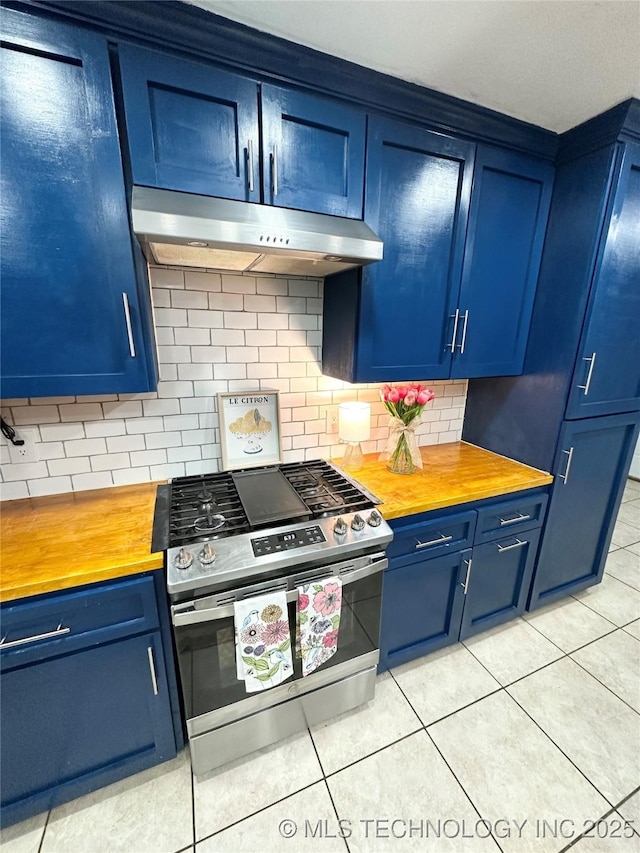 1504 N 26th St, Broken Arrow, OK 74014 - kitchen featuring stainless steel range with gas stovetop, blue cabinetry, and under cabinet range hood