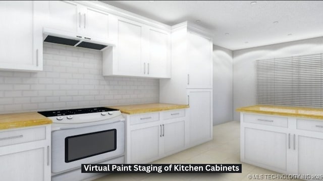 kitchen featuring backsplash, white gas range oven, and white cabinets