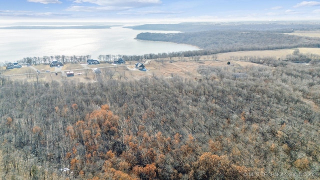 birds eye view of property featuring a water view and a view of trees