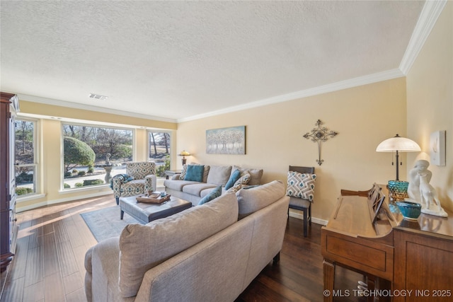 living room featuring visible vents, crown molding, a textured ceiling, and dark wood-type flooring