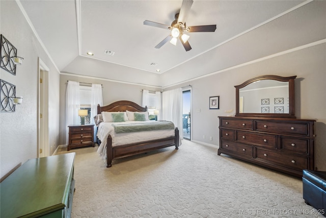 bedroom featuring visible vents, baseboards, light colored carpet, lofted ceiling, and access to outside