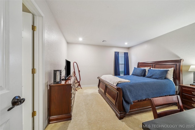 bedroom featuring recessed lighting, baseboards, and light carpet