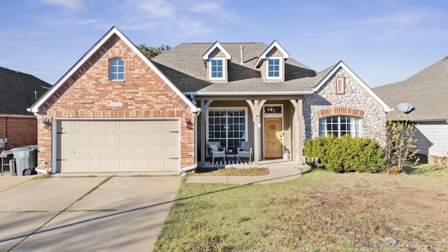 view of front facade featuring an attached garage, brick siding, concrete driveway, stone siding, and roof with shingles