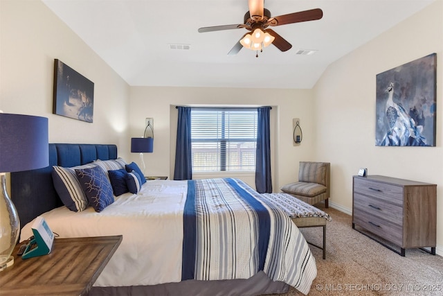 carpeted bedroom with lofted ceiling and ceiling fan