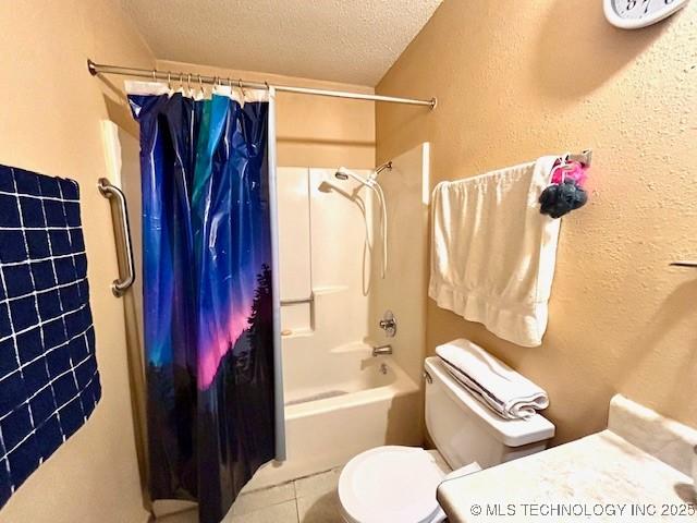 full bath with shower / tub combo, toilet, tile patterned flooring, a textured ceiling, and vanity