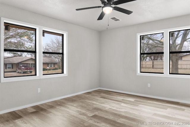 unfurnished room with light wood-style flooring, a ceiling fan, visible vents, and baseboards