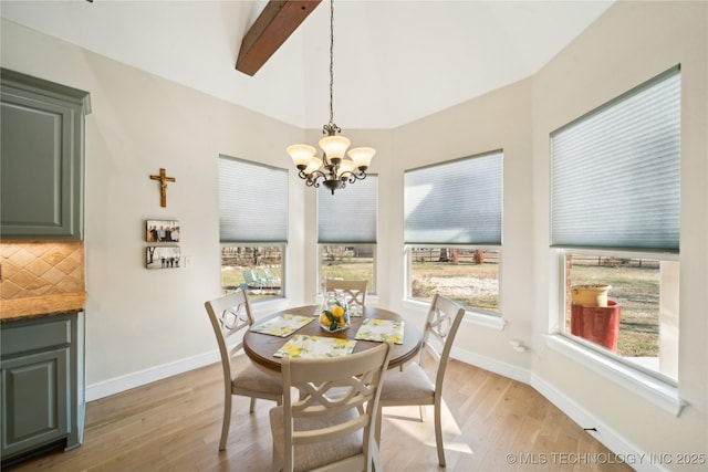 dining area featuring beamed ceiling, plenty of natural light, light wood-type flooring, and an inviting chandelier