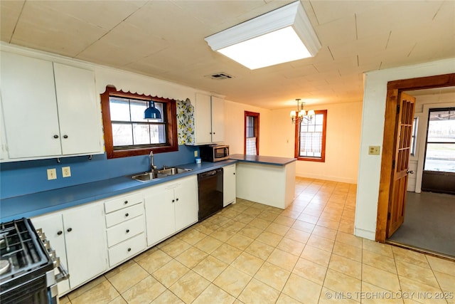 kitchen featuring kitchen peninsula, sink, dishwasher, white cabinets, and range