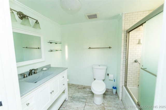 full bathroom with shower / bath combination with glass door, vanity, toilet, and crown molding