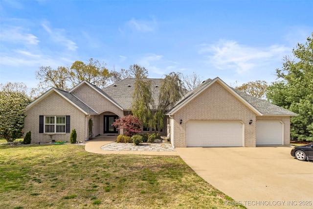 ranch-style home with a garage and a front lawn