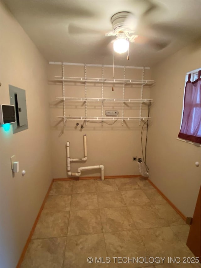 laundry area with electric panel and ceiling fan