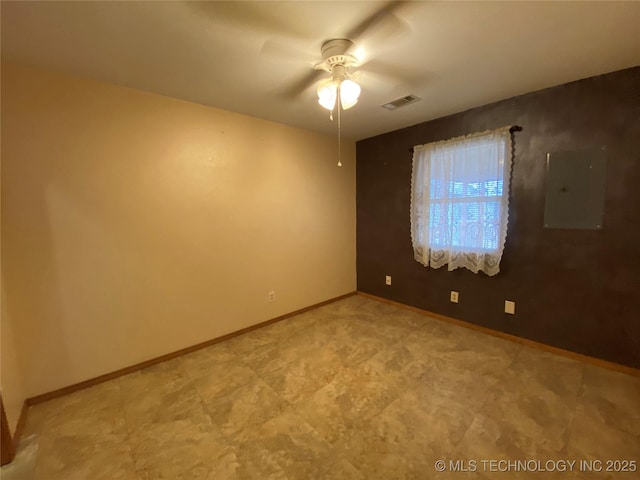 empty room featuring ceiling fan and electric panel