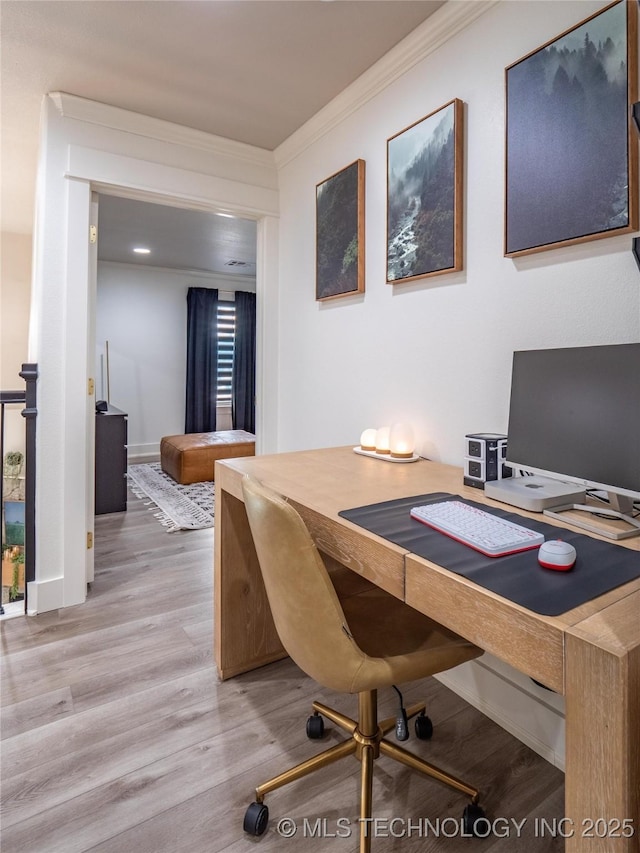 office area featuring wood-type flooring and crown molding