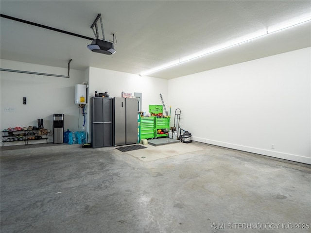 garage featuring electric panel, tankless water heater, and a garage door opener