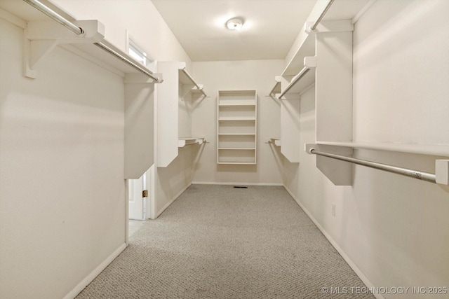 walk in closet featuring light carpet