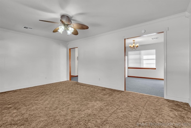 carpeted empty room featuring crown molding and ceiling fan with notable chandelier