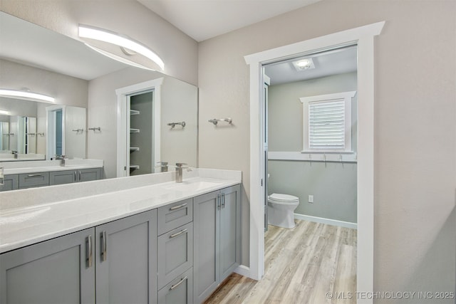 bathroom with vanity, wood-type flooring, and toilet