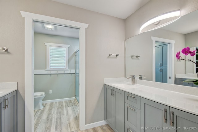 bathroom with vanity, hardwood / wood-style floors, a shower with door, and toilet