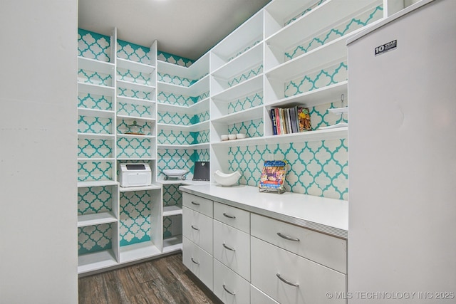 walk in closet with dark wood-type flooring