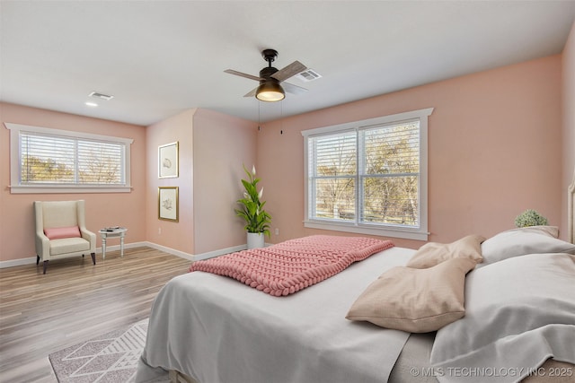 bedroom featuring ceiling fan and light hardwood / wood-style floors