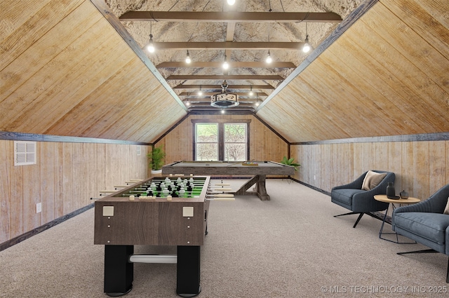 playroom with lofted ceiling, carpet floors, wood walls, and billiards