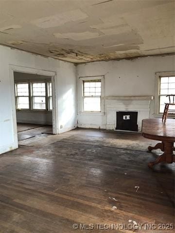 unfurnished living room featuring plenty of natural light and dark wood-type flooring