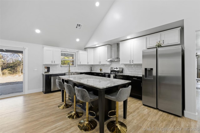 kitchen featuring appliances with stainless steel finishes, wall chimney range hood, high vaulted ceiling, a center island, and white cabinetry