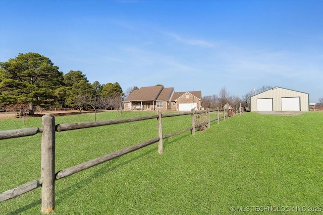 view of yard featuring a rural view, an outdoor structure, and a garage