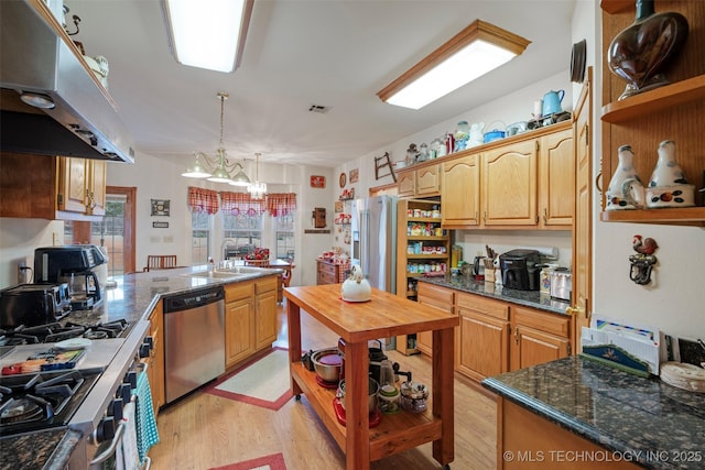 kitchen with sink, appliances with stainless steel finishes, hanging light fixtures, extractor fan, and light hardwood / wood-style floors