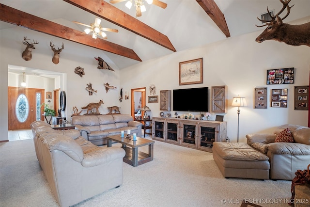 carpeted living room featuring ceiling fan, beam ceiling, and high vaulted ceiling