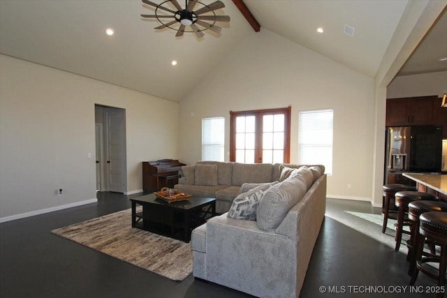 living room with beamed ceiling, high vaulted ceiling, a wealth of natural light, and ceiling fan