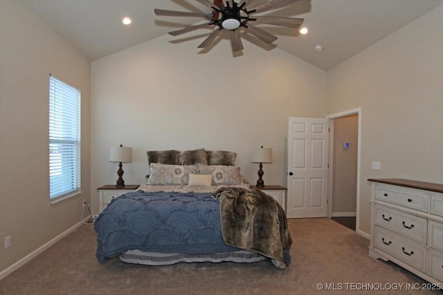 bedroom featuring ceiling fan, light carpet, and vaulted ceiling