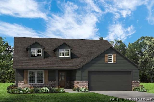 cape cod-style house featuring a garage and a front lawn