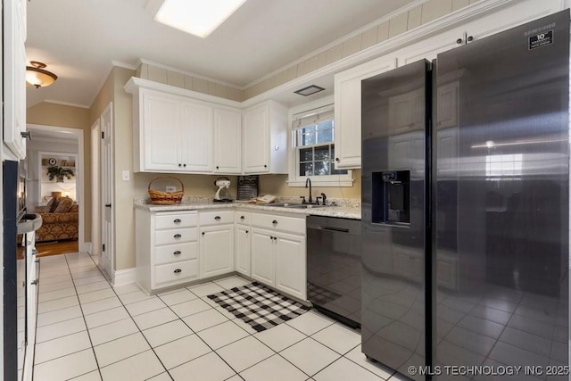 kitchen with white cabinets, dishwasher, ornamental molding, and stainless steel refrigerator with ice dispenser