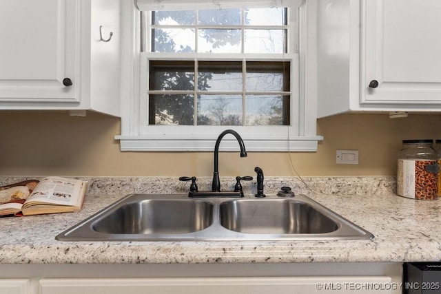 interior details with light stone counters, white cabinetry, and sink