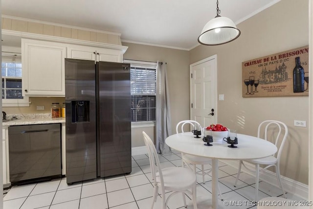 kitchen with dishwasher, white cabinetry, stainless steel refrigerator with ice dispenser, and ornamental molding