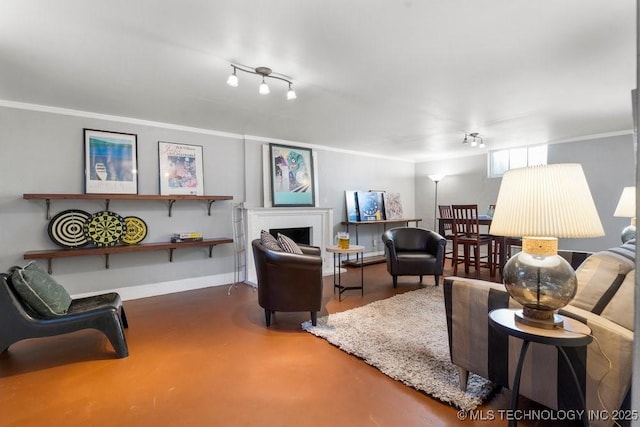 living room with concrete flooring and crown molding