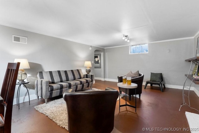 living room with ornamental molding