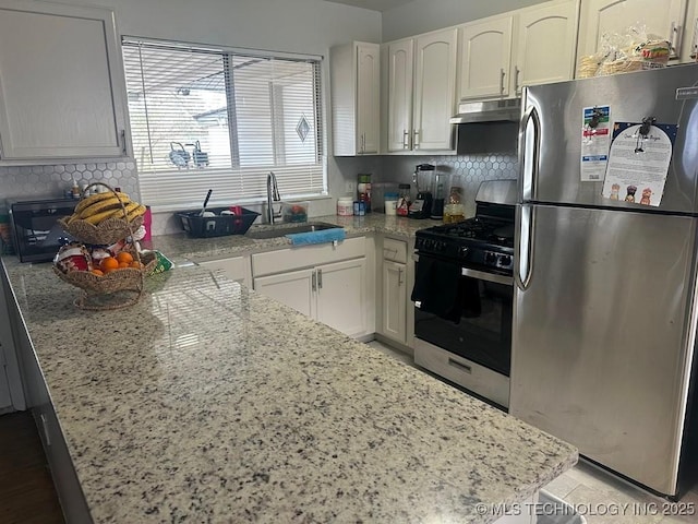 kitchen with decorative backsplash, sink, white cabinets, and stainless steel appliances