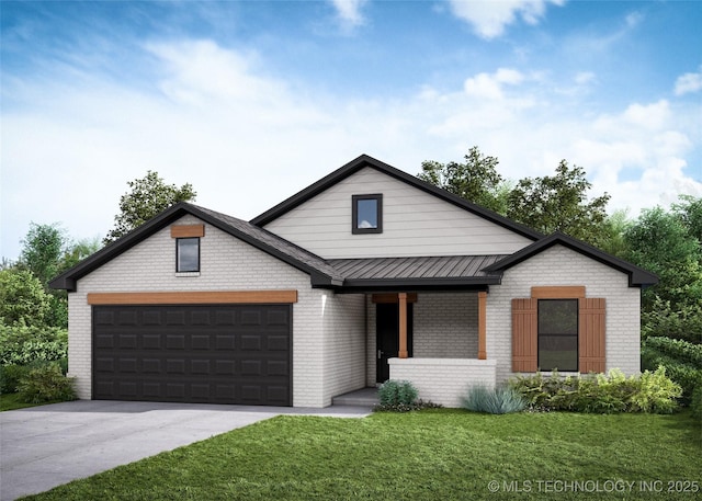 modern inspired farmhouse with a porch, a front yard, and a garage