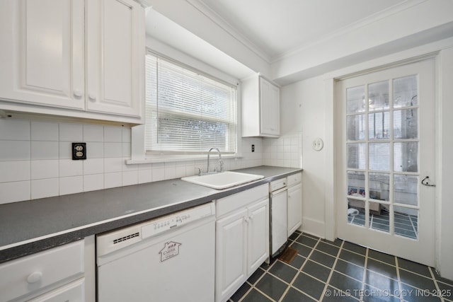 kitchen with dishwasher, backsplash, crown molding, sink, and white cabinetry