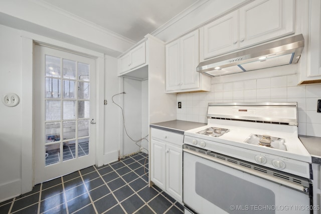 kitchen with white cabinetry, white gas range oven, decorative backsplash, exhaust hood, and ornamental molding