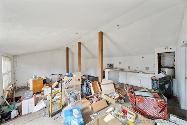 miscellaneous room featuring lofted ceiling and sink