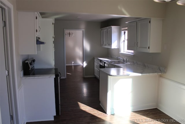 kitchen featuring white cabinetry, sink, stainless steel electric stove, and dark hardwood / wood-style flooring