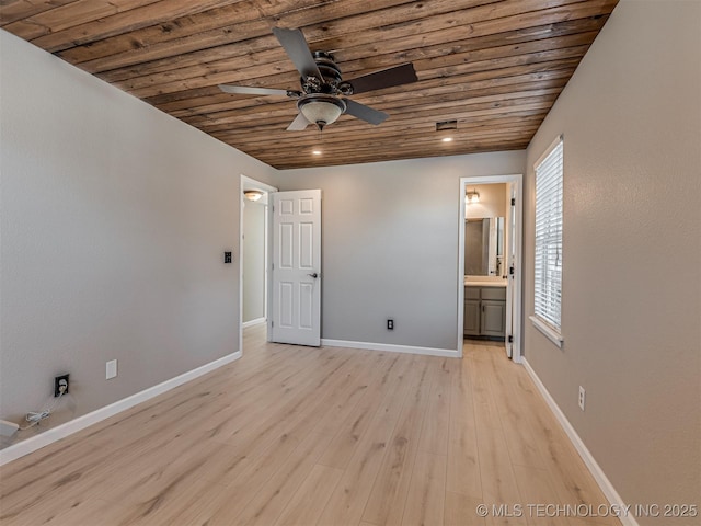 unfurnished bedroom with ensuite bathroom, light hardwood / wood-style flooring, ceiling fan, and wood ceiling