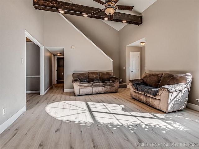 living room featuring beamed ceiling, ceiling fan, high vaulted ceiling, and light hardwood / wood-style flooring