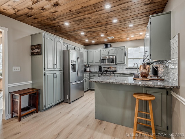 kitchen with light hardwood / wood-style flooring, decorative backsplash, kitchen peninsula, stainless steel appliances, and wood ceiling