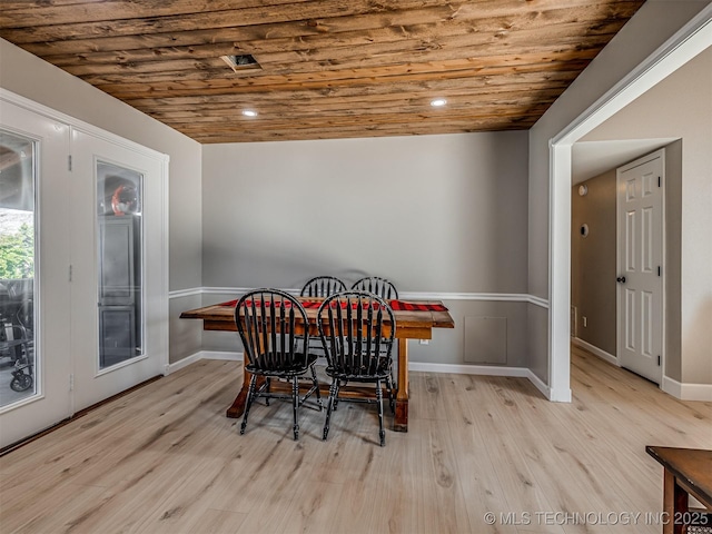 dining area with light wood-type flooring and wooden ceiling