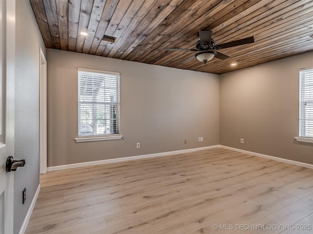 unfurnished room with light hardwood / wood-style floors, ceiling fan, and wooden ceiling